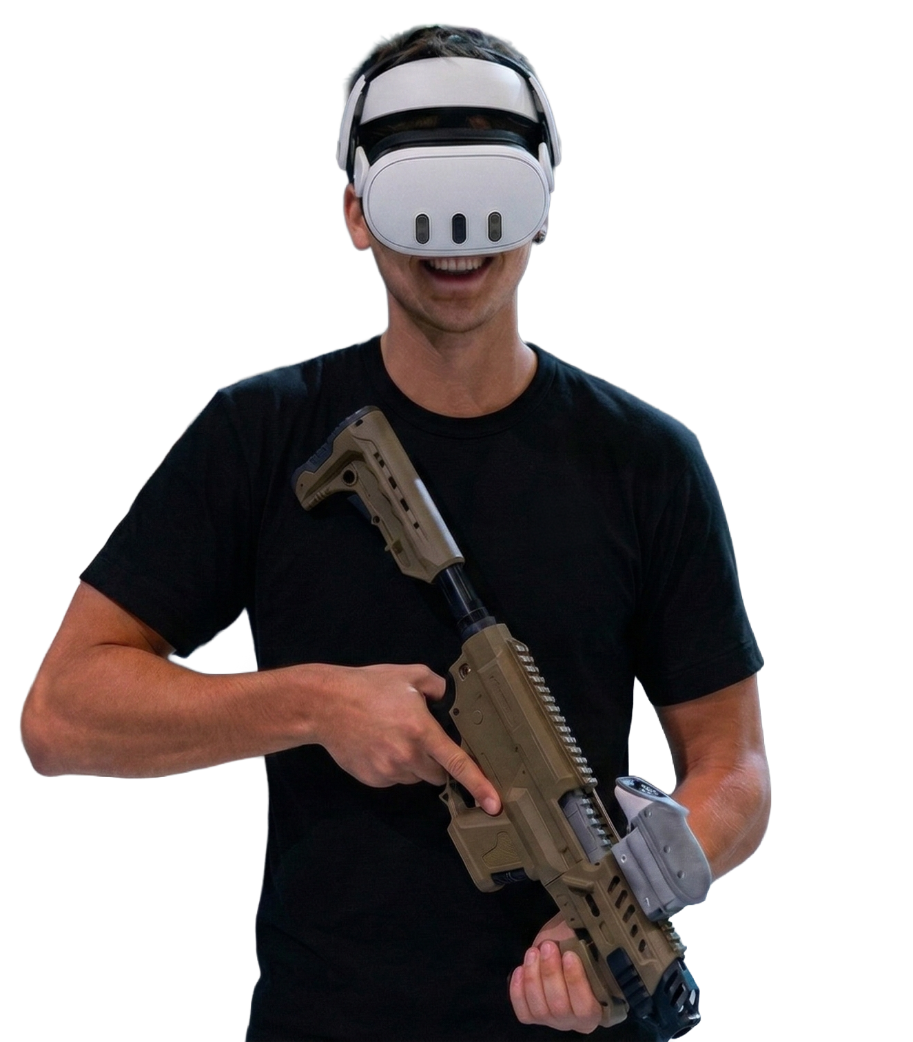 Operator wearing VR headset, holding a rifle